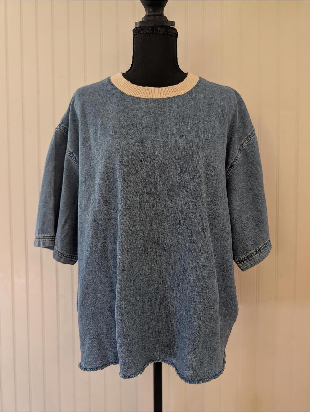 Zara Blue Denim Short Sleeve Shirt with Contrast Collar Size XL